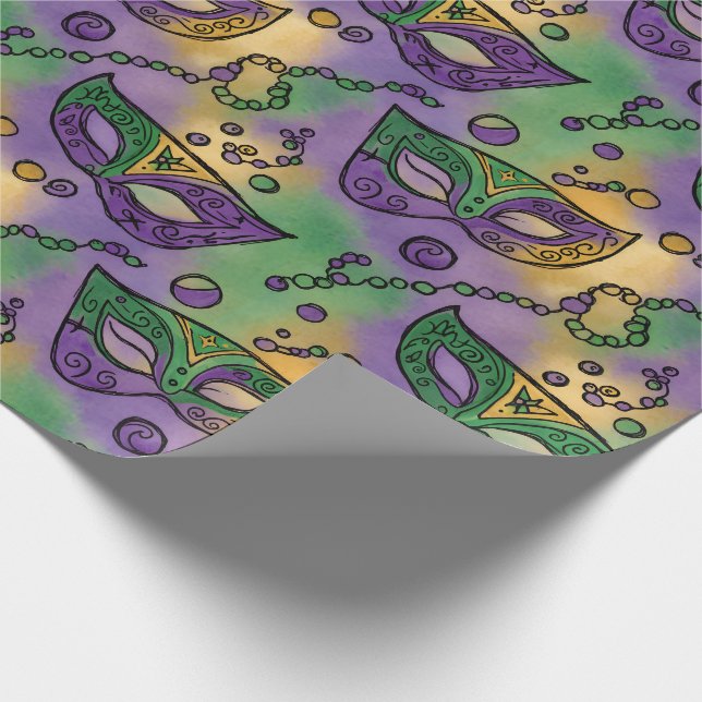 Papier Cadeau Masques et perles de Mardi Gras violet vert jaune (Coin)