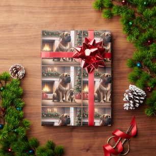 Papier Cadeau Mastiff Dogue de Noël Cheminée