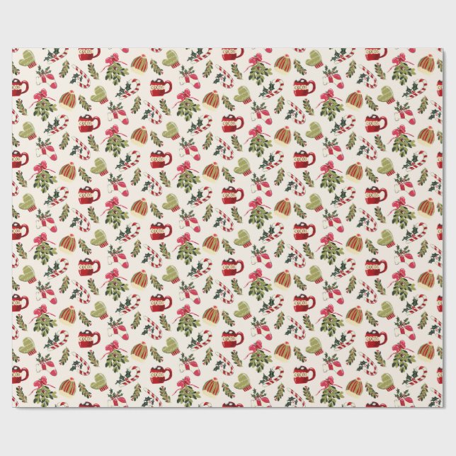 Papier Cadeau Matin de Noël avec cacao et Marshmallows (Plat)