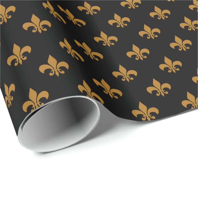 Papier Cadeau Matte Gold Fleur-de-lis sur Black (Coin rond)