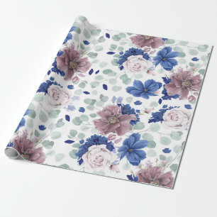 Papier Cadeau Mauve et Marine Bleu Botanique Floral Élégant
