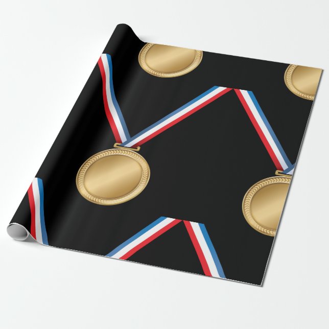 Papier Cadeau Médaille d'or avec ruban rouge blanc bleu (Déroulé)