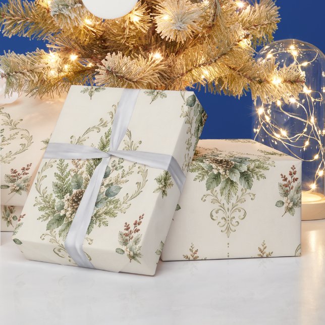 Papier Cadeau Médaillon botanique damassé Winter Botanica (Vacances)