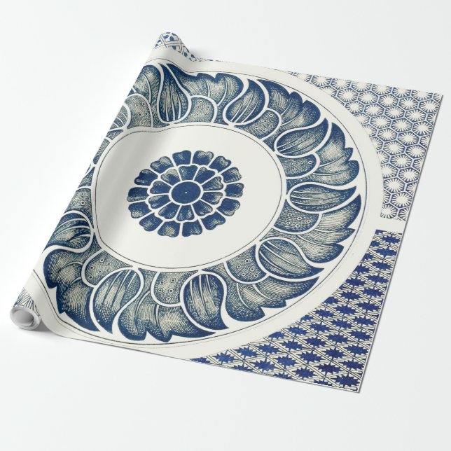 Papier Cadeau Médaillon Chinois : Chinoiserie Bleu Indigo (Déroulé)