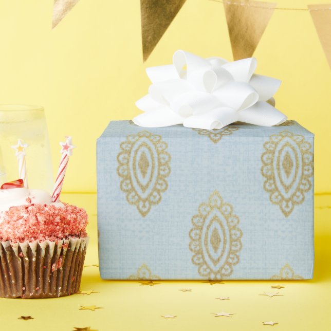 Papier Cadeau Médaillon Ikat Glittery - Sky Blue & Gold (Fête d'anniversaire)