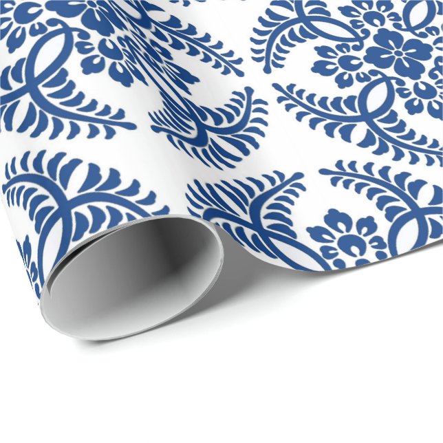 Papier Cadeau Médaillon japonais Motif, bleu Cobalt et blanc (Coin rond)
