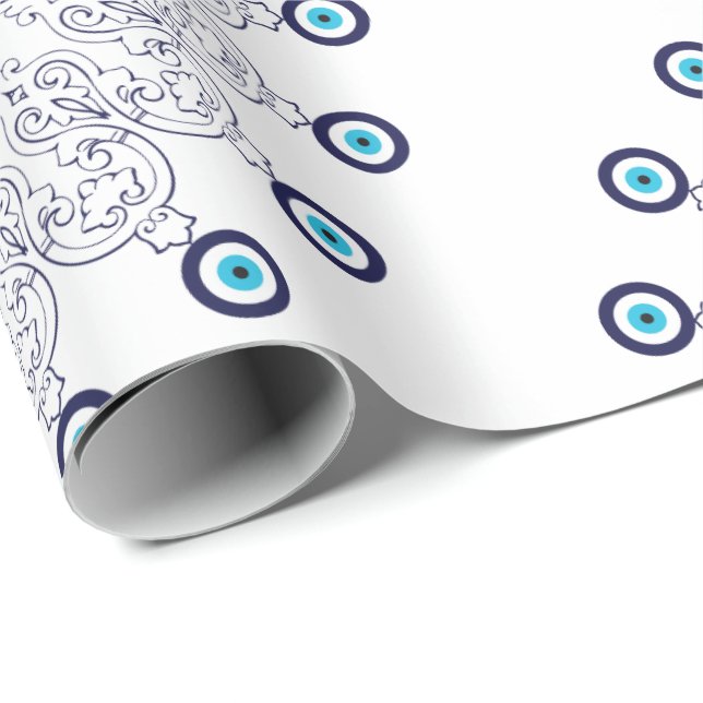 Papier Cadeau Méditerranée bleu Aqua Evil Eye Mandala Motif (Coin rond)