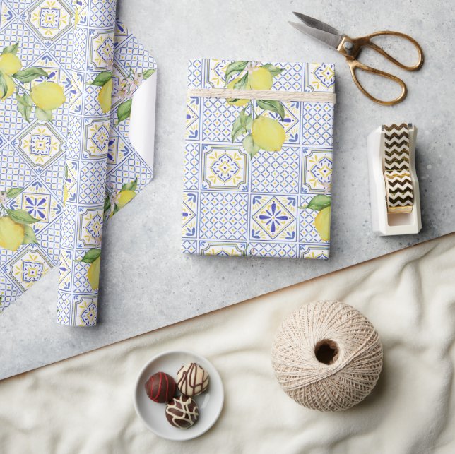 Papier Cadeau Mediterrenean Citrus Lemon pattern (Artisanat)