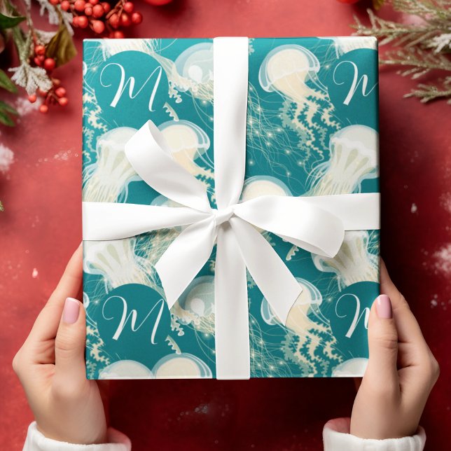 Papier Cadeau Méduse En Bleu Océan Été Saison Monogramme (Créateur téléchargé)