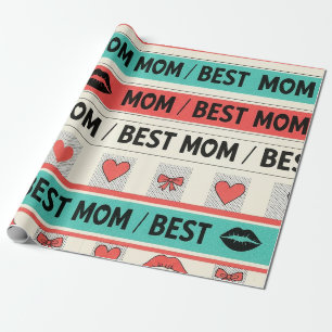 Papier Cadeau Meilleure Maman Bande Dessinée Cœurs Graphique Rét