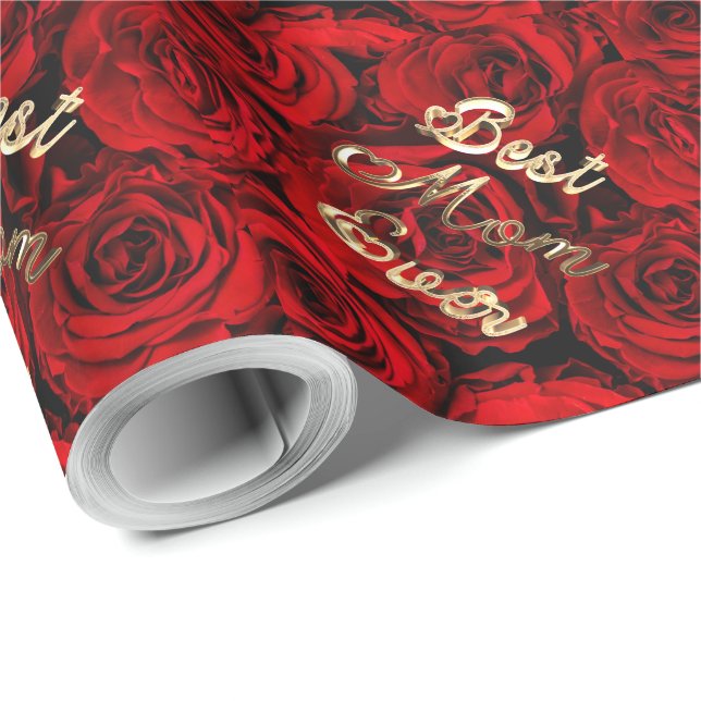 Papier Cadeau Meilleure maman Jamais Coeurs Rouge Roses Floral (Coin rond)