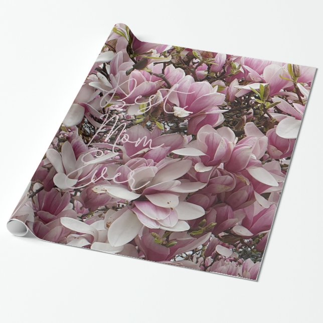 Papier Cadeau Meilleure maman jamais rose Fleurs de Magnolia Flo (Déroulé)