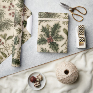 Papier Cadeau Mélange de verdure des Fêtes vintage