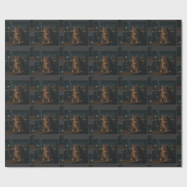Papier Cadeau Mème de chat qui fume drôle Stupid Brainrot  (Plat)