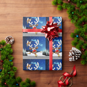Papier Cadeau Mème de Noël drôle de renne qui regarde par-dessus