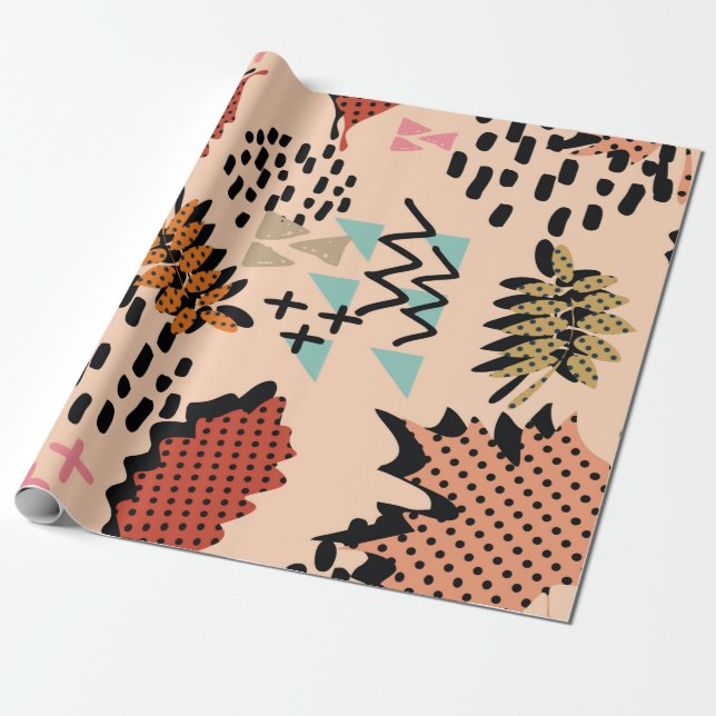Papier Cadeau Memphis automne feuillage et feuilles avec géomet (Déroulé)