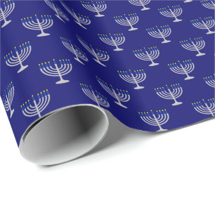 Papier Cadeau Menorah argent de Hanukkah sur fond marine