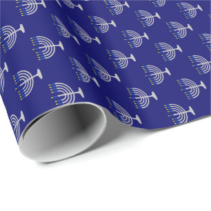 Papier Cadeau Menorah argent de Hanukkah sur fond marine
