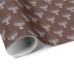 Papier Cadeau Menorah argentée de Hanoukka sur fond marron