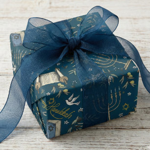 Papier Cadeau Menorah bleu marine Hanukkah juif heureux