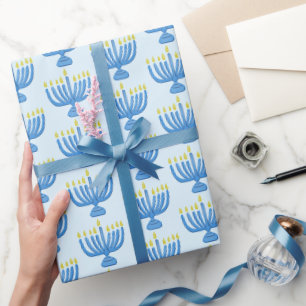 Papier Cadeau Menorah botanique de Hanukkah aquarelle bleue