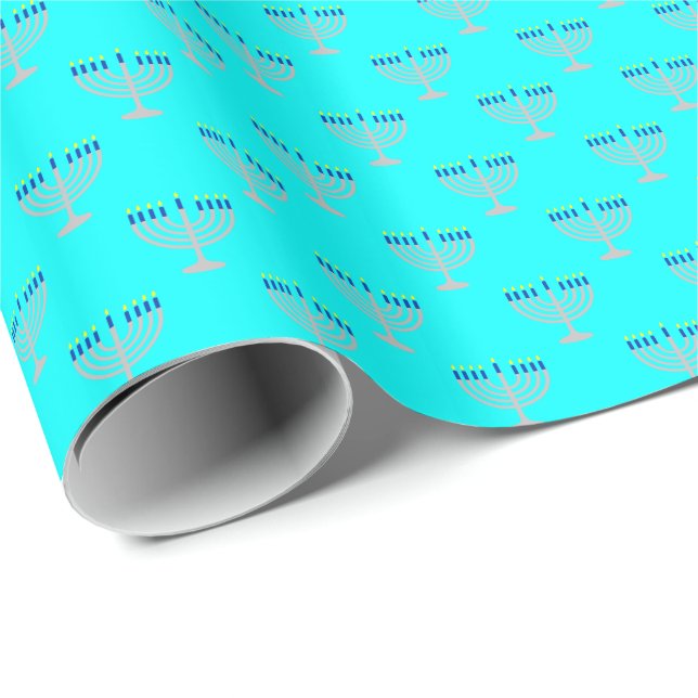 Papier Cadeau Menorah d'argent de Hanoucca sur fond bleu aqua (Coin rond)