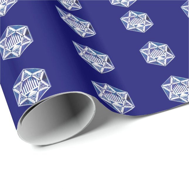 Papier Cadeau Menorah de Hanouka et étoile (Coin rond)