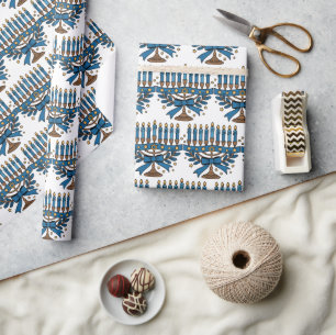 Papier Cadeau Menorah de Hanukkah avec nœud