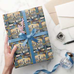 Papier Cadeau Menorah de Hanukkah bleue
