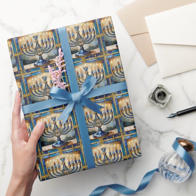 Papier Cadeau Menorah de Hanukkah bleue (Cadeaux)