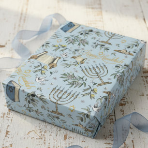 Papier Cadeau Menorah de Hanukkah juif heureux et branches d'oli