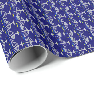 Papier Cadeau Menorah en argent pour Hanouka sur fond bleu marin