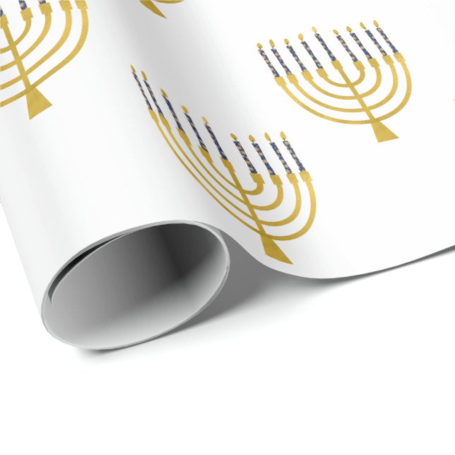 Papier Cadeau Menorah Hanoukka Bougies bleues Dessin Vacances (Coin rond)