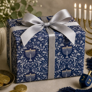 Papier Cadeau Menorah Navy Profond Motif William Morris
