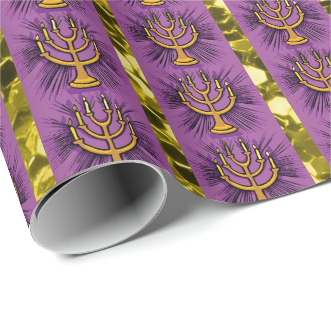 Papier Cadeau Menorahs Purple & Gold Faux Parties scintillant (Coin rond)