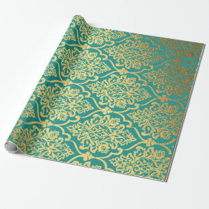 Papier Cadeau Menthe d'or florale vintage royale de bleu