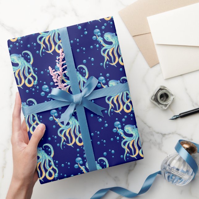 Papier Cadeau Mer profonde Cube Octopus Bleu Bulle Marine (Cadeaux)