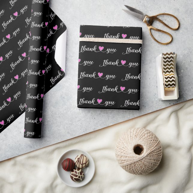 Papier Cadeau Merci Coeurs roses Sur Noir (Artisanat)