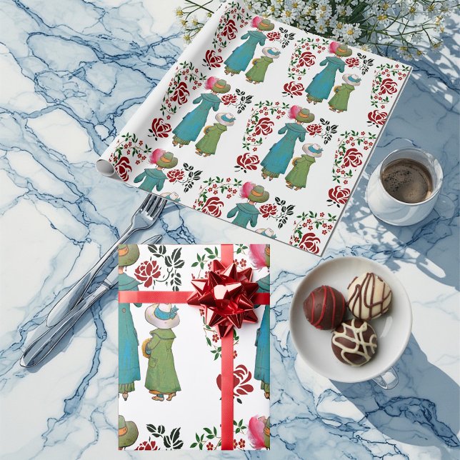 Papier Cadeau Mère Fille Duo Roses Rouges Fleurie (Mother Daughter Duo Red Roses Floral Greenery Wrapping Paper)
