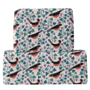 Papier Cadeau Merle américain Anémone Violette Oiseau Fleur