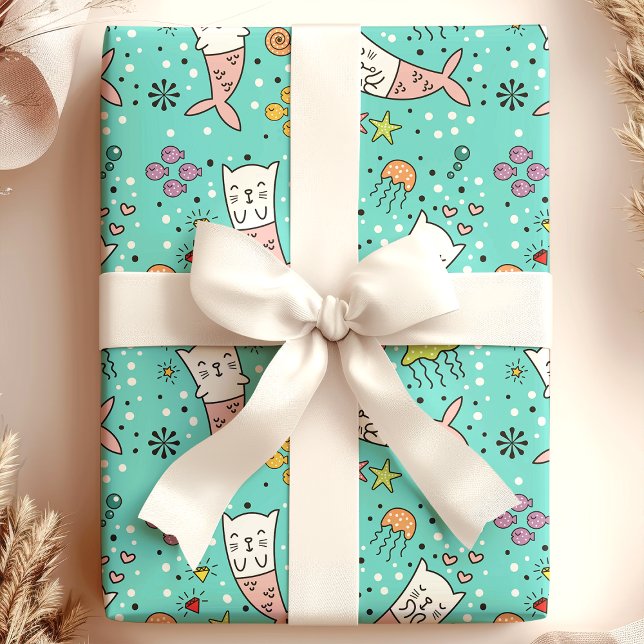 Papier Cadeau Mermaid Chat Nautique Océan Jellyfish Cute Motif (Créateur téléchargé)