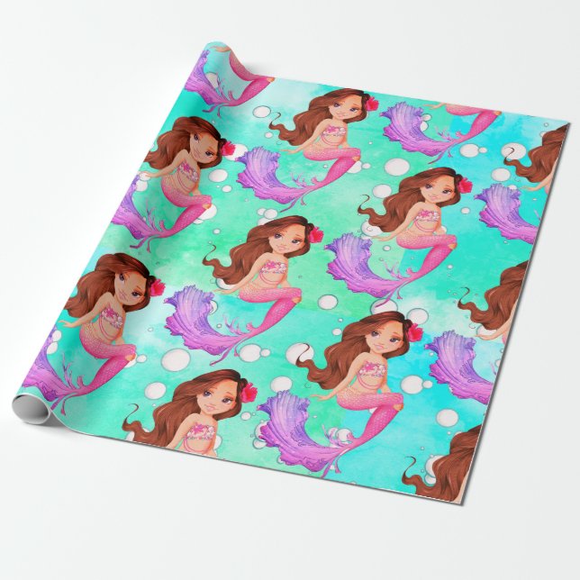 Papier Cadeau Mermaid Cheveux foncé bulles Bleu clair cadeau (Déroulé)
