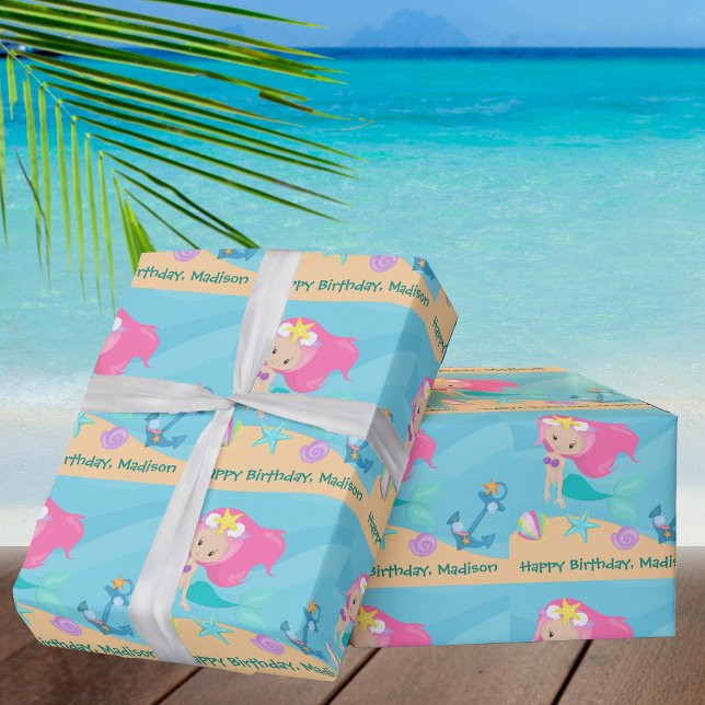 Papier Cadeau Mermaid Girl Anniversaire Plage Plutôt Personnalis (Créateur téléchargé)