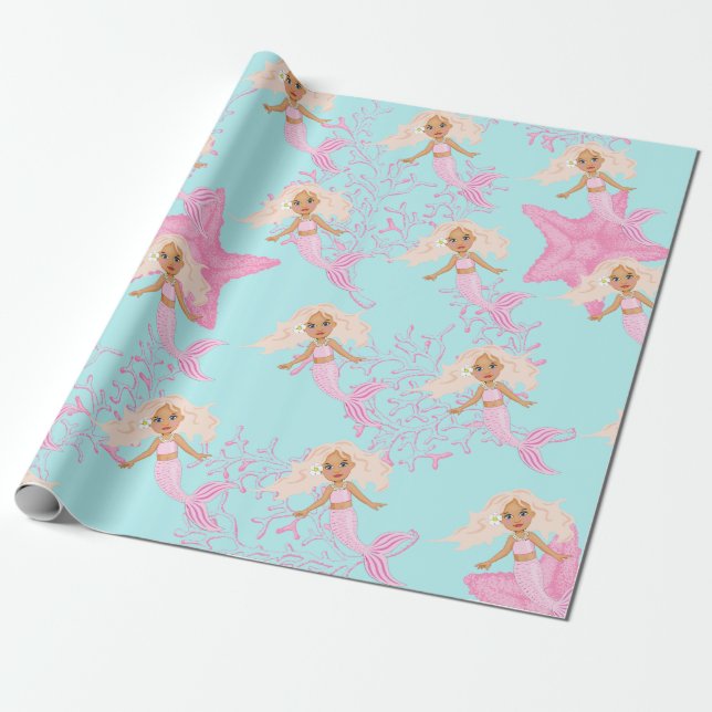 Papier Cadeau Mermaid Mignonne Fille Rose Bleu Sous La Mer (Déroulé)