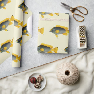 Papier Cadeau Mérou bleu et jaune, Vie marine vintage