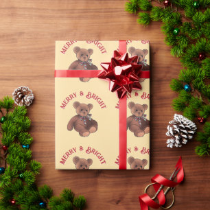 Papier Cadeau Merry & Bright Teddy Bear Festif Mignon Noël