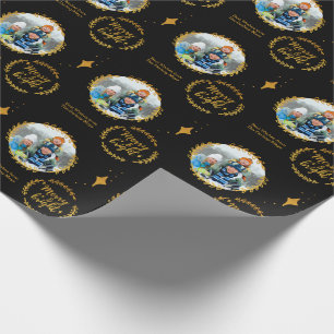 Papier Cadeau Merry & Bright w. Photo personnalisée - Or et Noir