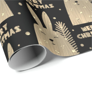 Papier Cadeau Merry Christmas Rabbit Sepia Gold Metallic Black