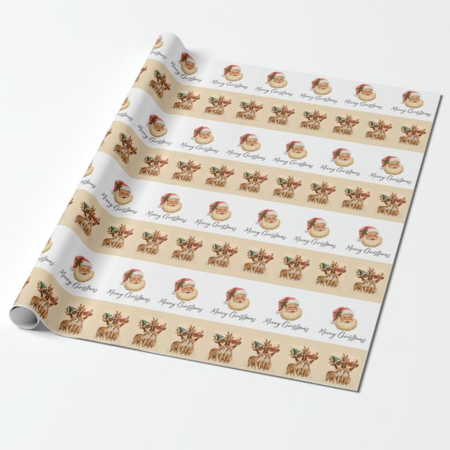 Papier Cadeau Merry Christmas Santa & Reindeer Wrapping Paper (Déroulé)