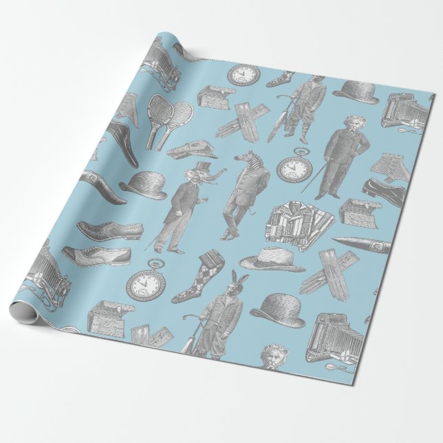 Papier Cadeau messieurs victoriens antiques animaux bleu toile h (Déroulé)
